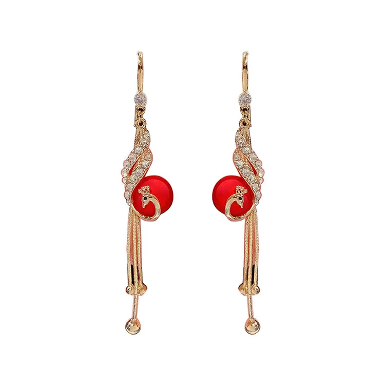 Elegant Fashion Peacock Full Rhinestone Tassel Pendant Earrings for Women Fairy Red Simulated-pearl Earrings Pendientes Mujer