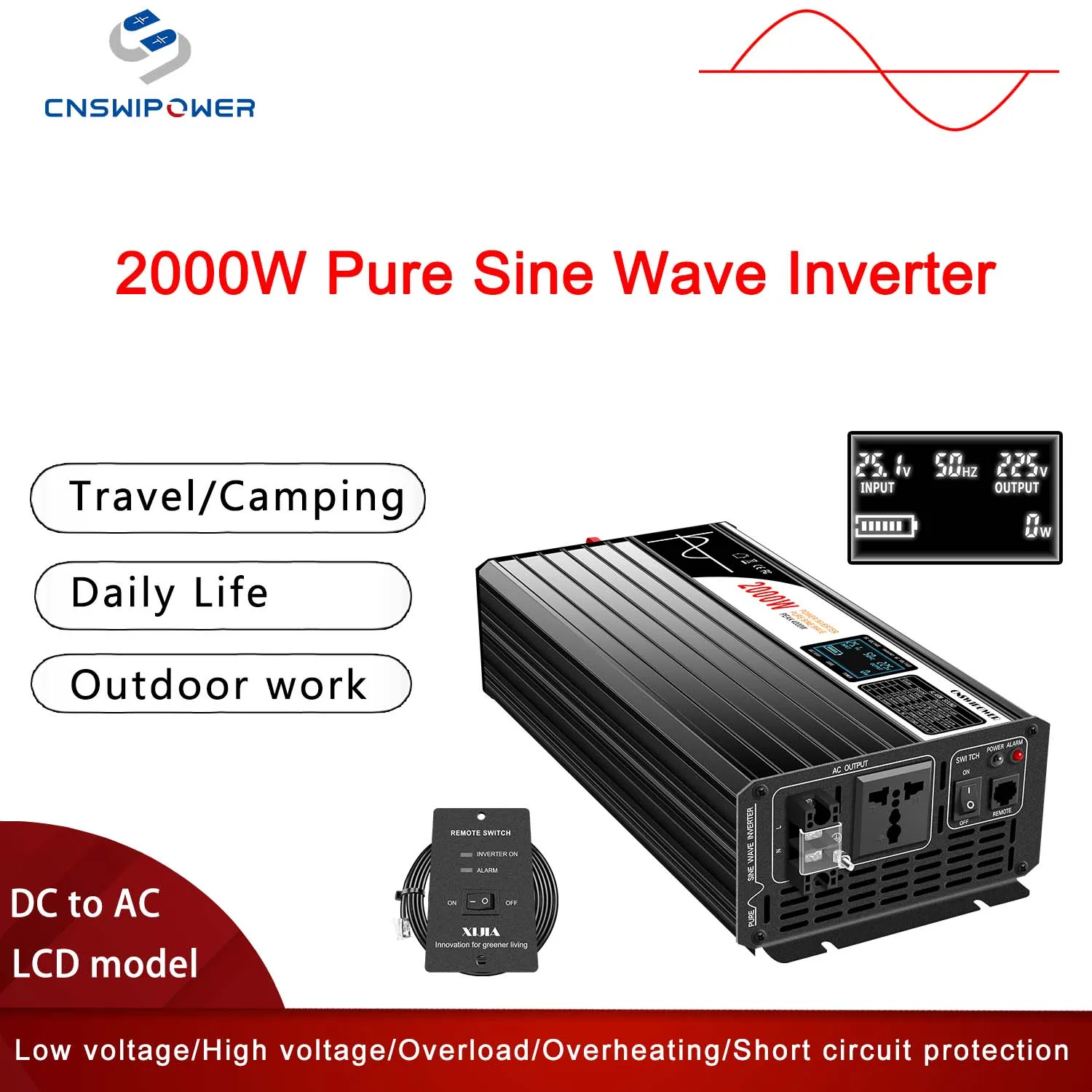 2000W pure sine wave solar power inverter DC 12V 24V 48V  to AC 110V 220V LCD display