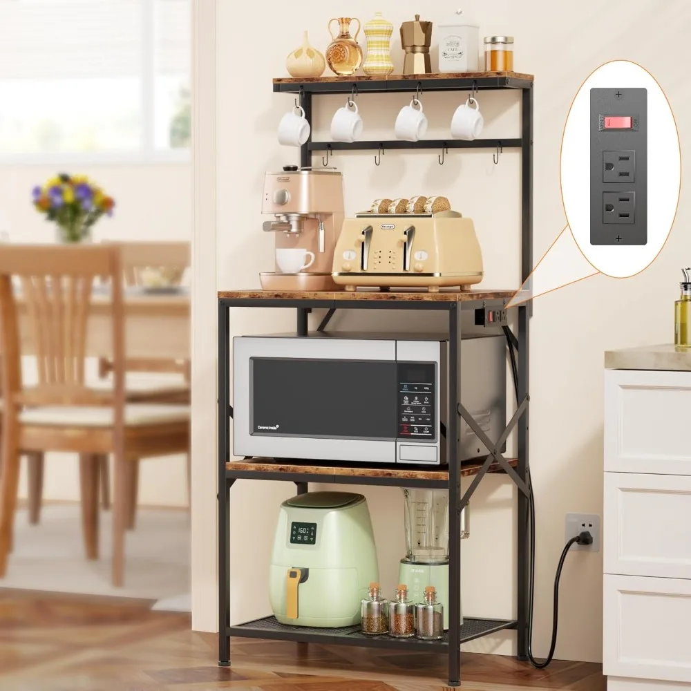 

Kitchen Bakers Rack with Power Outlet, Small Coffee Bar Cart 4 Tiers, Microwave Stand Station with 8 S Hooks, Adjustable Shelf,