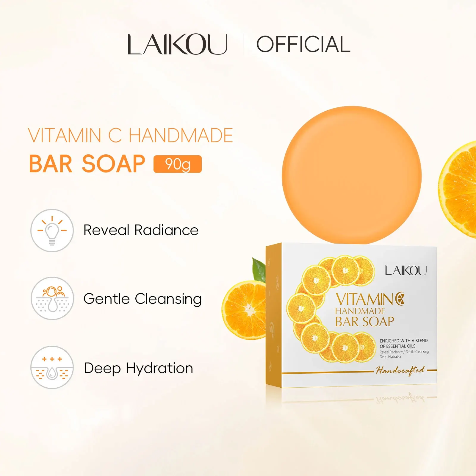 LAIKOU Vitamin C Handmade Face Body Bar Soap Gentle Cleansing Boost Radiance Reduce Acne Marks 90g