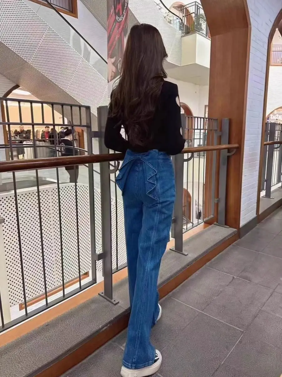 Jeans Patchwork Bowknot Designer Retro Solid Denim Pant For Women High Waist Spliced Button Streetwear Wide Leg Pants Female