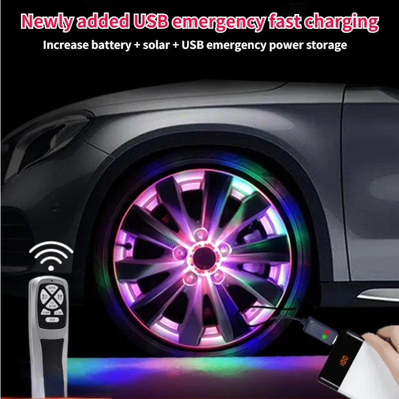 4pcs RGB Car Hub Lights Remote Control Waterproof Solar Smart Sensing Flash Wheel Tire Rim Lights For Car Decoration Colorful - Image 3
