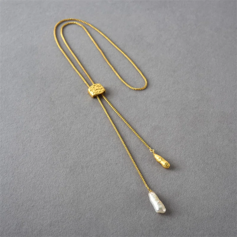 French Brass Copper Gold-Plated Pull-out Adjustable Pearl Pendant Necklace for Women Minimalist Unique Chain Exquisite Jewelry