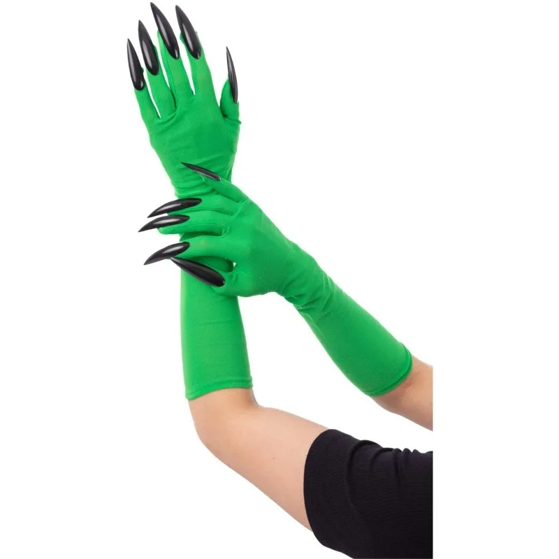 Halloween Cosplay Long Green Spandex Gloves With Black Nails Green Gloves Horror Ghost Witch Costume Accessories