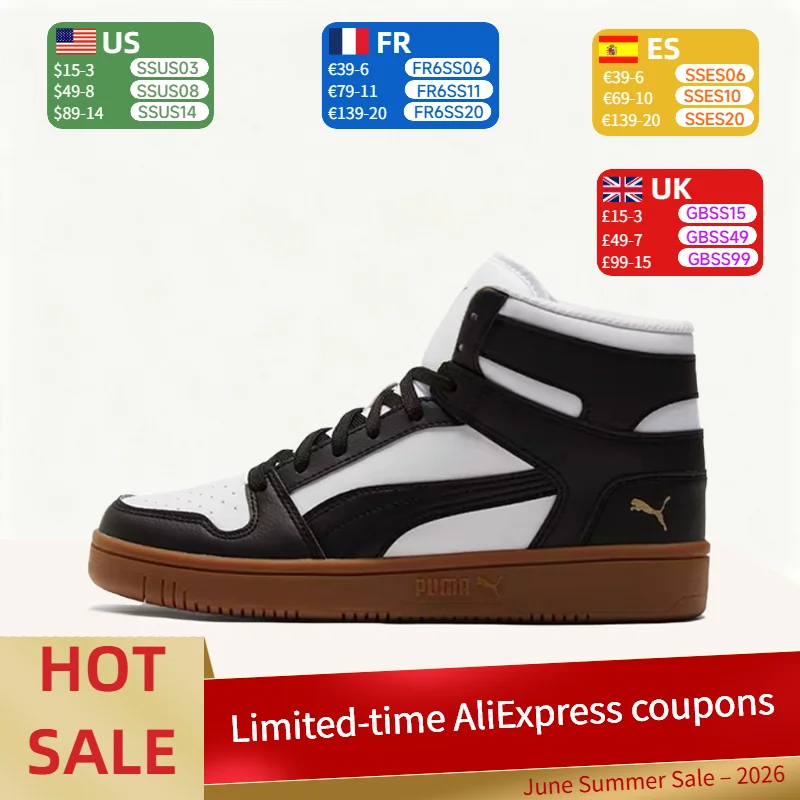 

Puma Rebound Joy Retro Minimalist Durable and Slip-Resistant Mid-Top Sneakers (Unisex) in White, Black, and Gold 369573-25