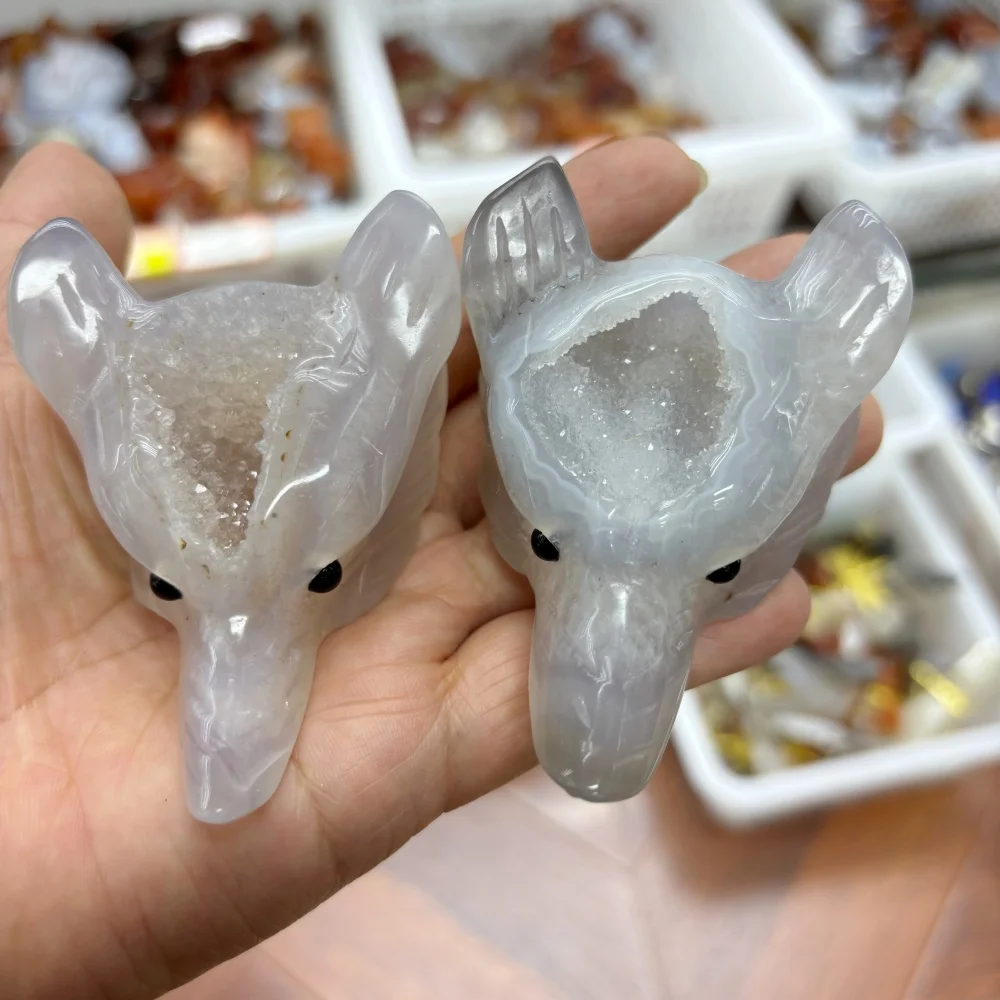 Natural Agate Geode Carved Wolf Head Figurine With Druzy Crystal Gemstone Animal Skull Statue Home Decor Wholesale