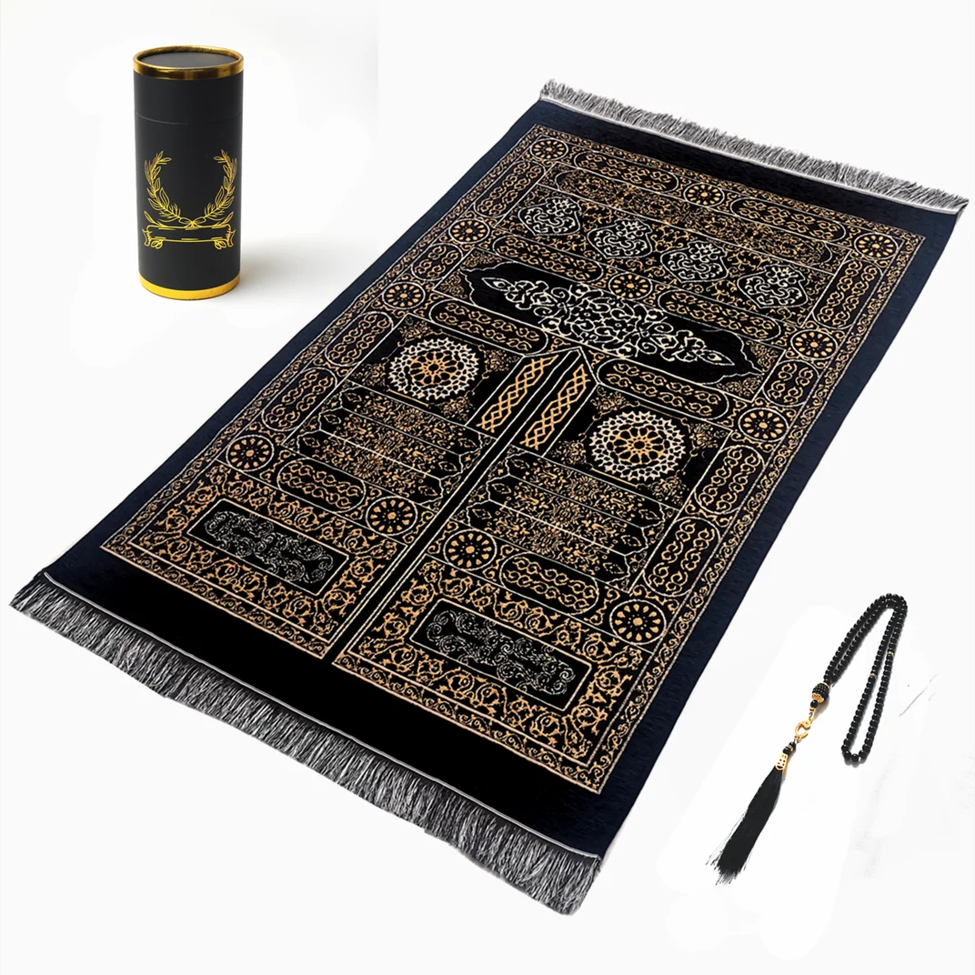 Gift box sajadah kiswah Prayer Rug 70x110 cm Prayer Mat hitam wangi box free tasbih