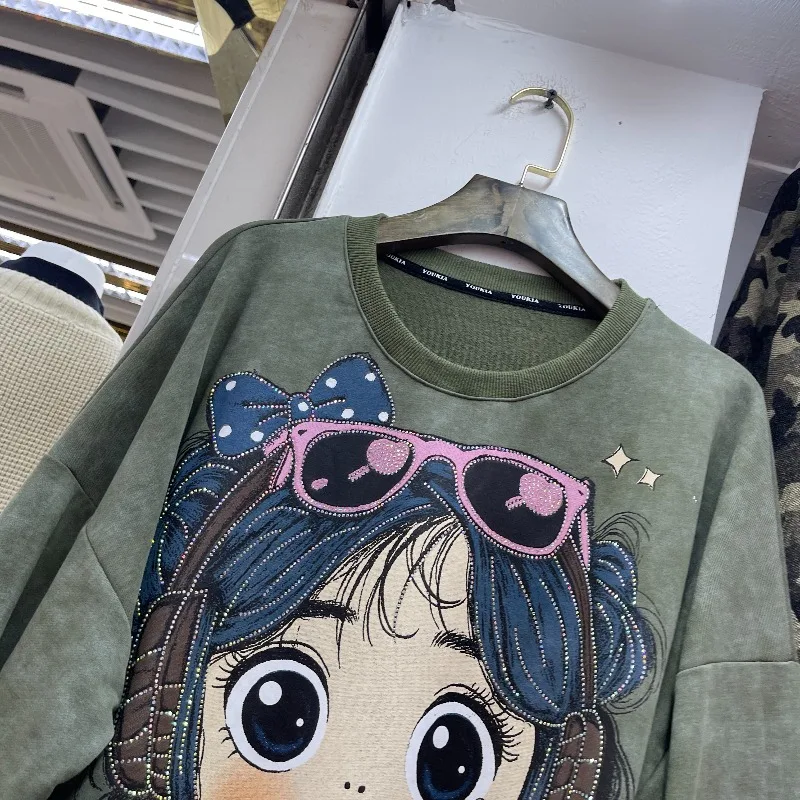 American Style Casual Rhinestone Cartoon Girl Oversized Sweatshirt Women's Loose Slimming Pullover 2025 Autumn New Kawaii Jacket