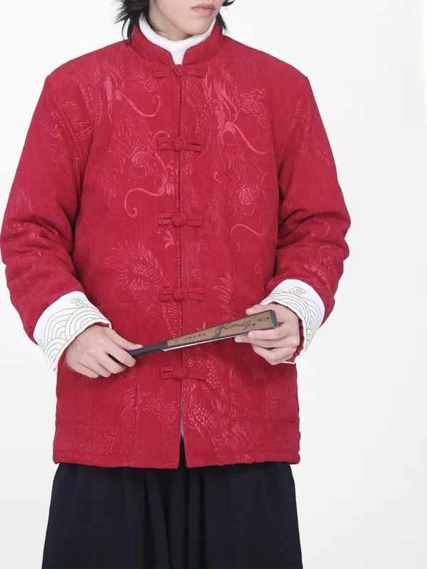 

New Year Mens Velvet T Coat Chinese Sle Button up Cotton Padded Long Sve Warm Thiened Stand Collar Red Dragon Pattern