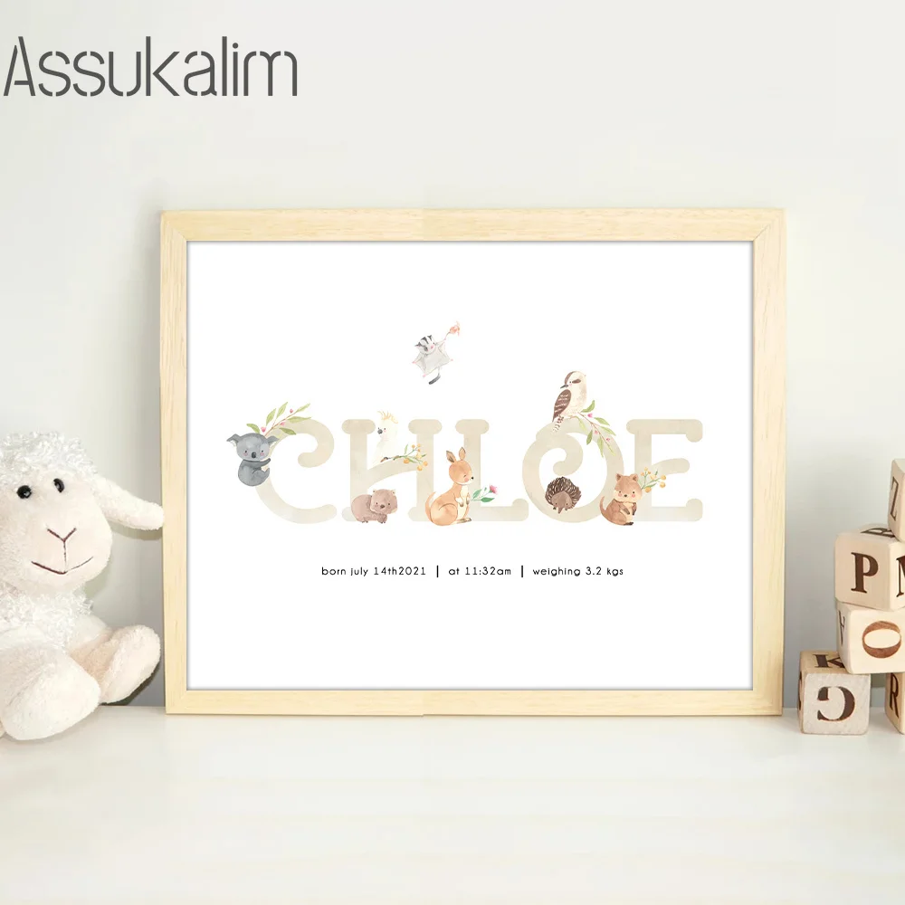 Custom Name Wall Art Bebi Born Present Jungle Animal Art Prints Gift for Baby Flower Leaf Print Pictures Baby Kids Room Decor