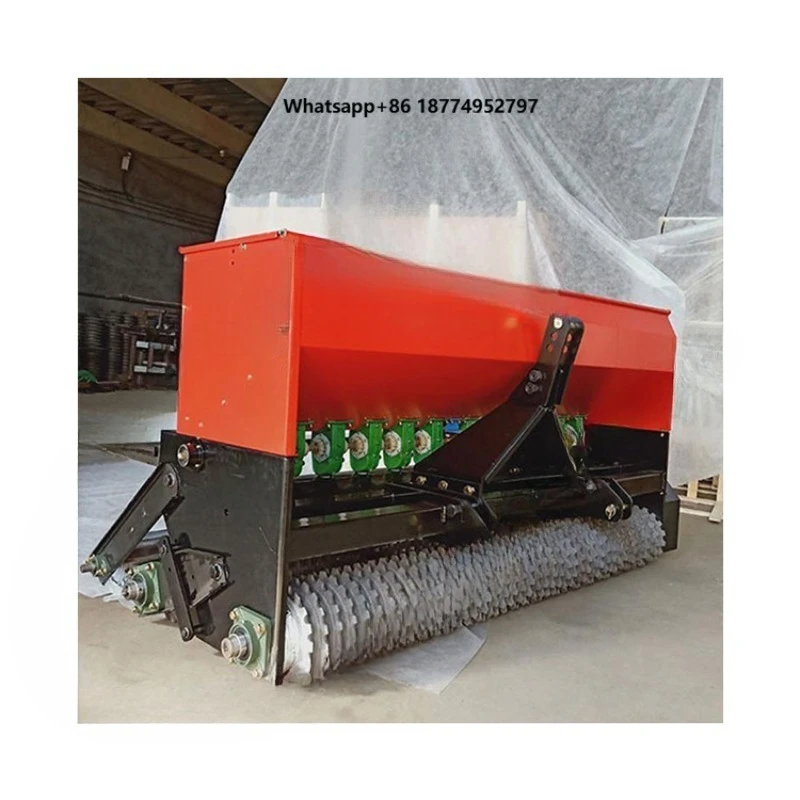 Lawn Seeder for Agriculture. Tractor Drives Grass Seed Planter