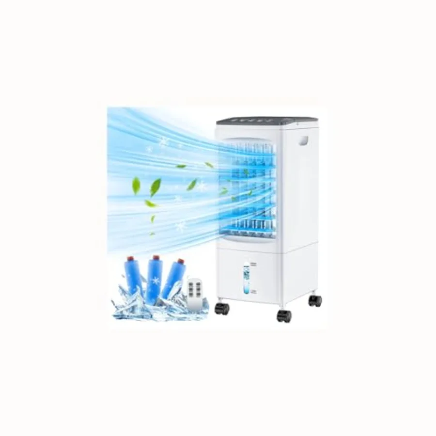 

Portable air conditioner for bedroom and home office use, plastic housing, white, 4-in-1 evaporative cooling with 6L tank, 7H t
