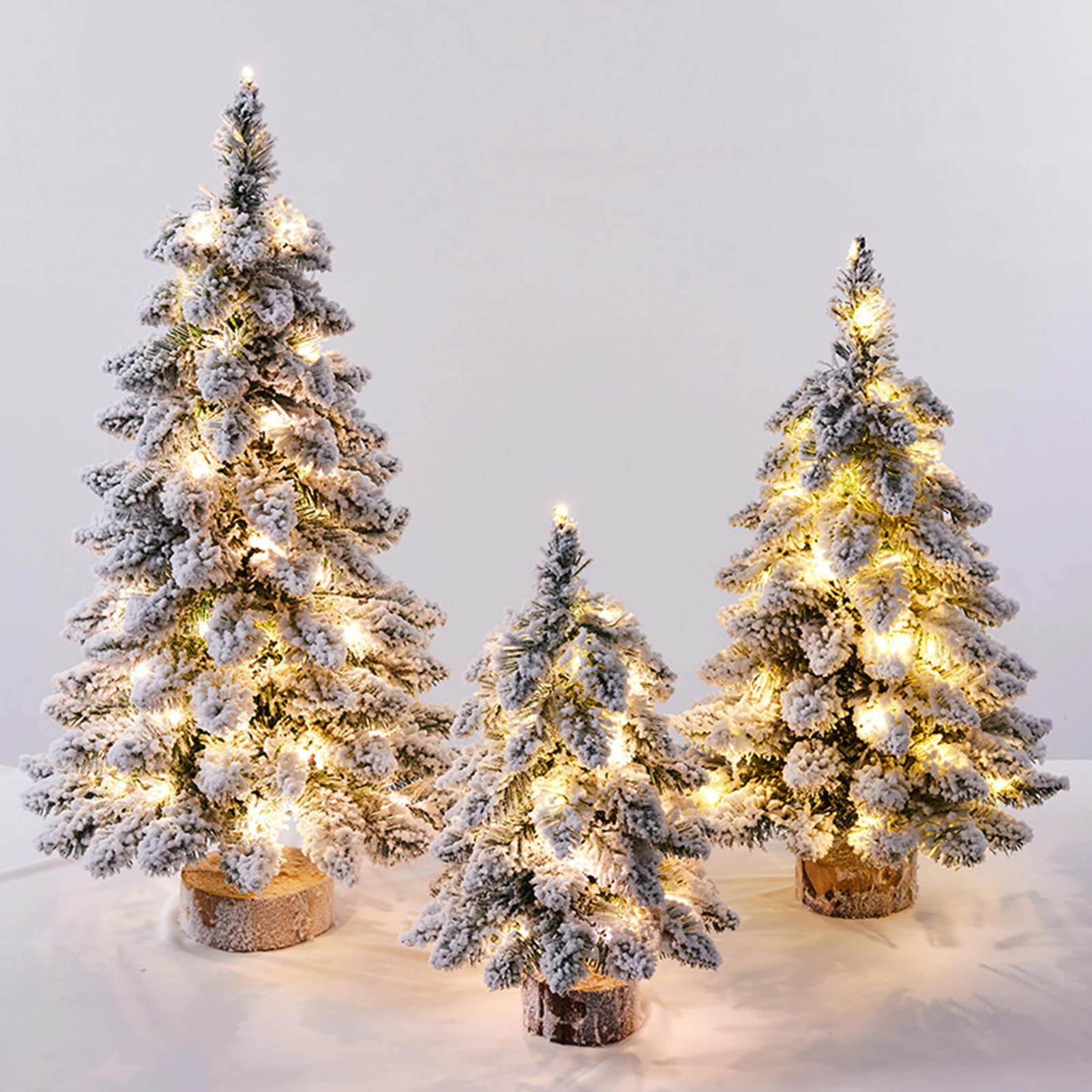 Mini árbol de Navidad de 45cm con copos de nieve, decoración de mesa flocada, árbol de Navidad iluminado con Base de madera para el hogar, oficina, fiesta, vacaciones