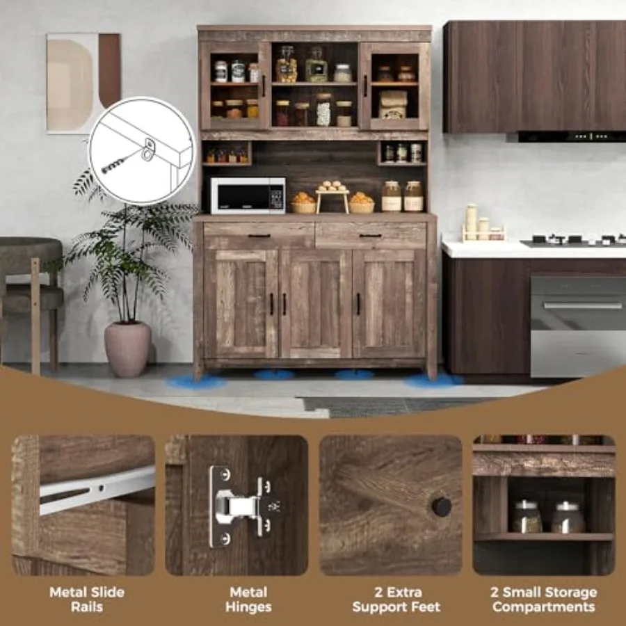 78.5 خزانة مطبخ طويلة القامة خزانة بوفيه كبيرة مع أبواب زجاجية أدراج أرفف قابلة للتعديل مخزن المطبخ الخشبي #6