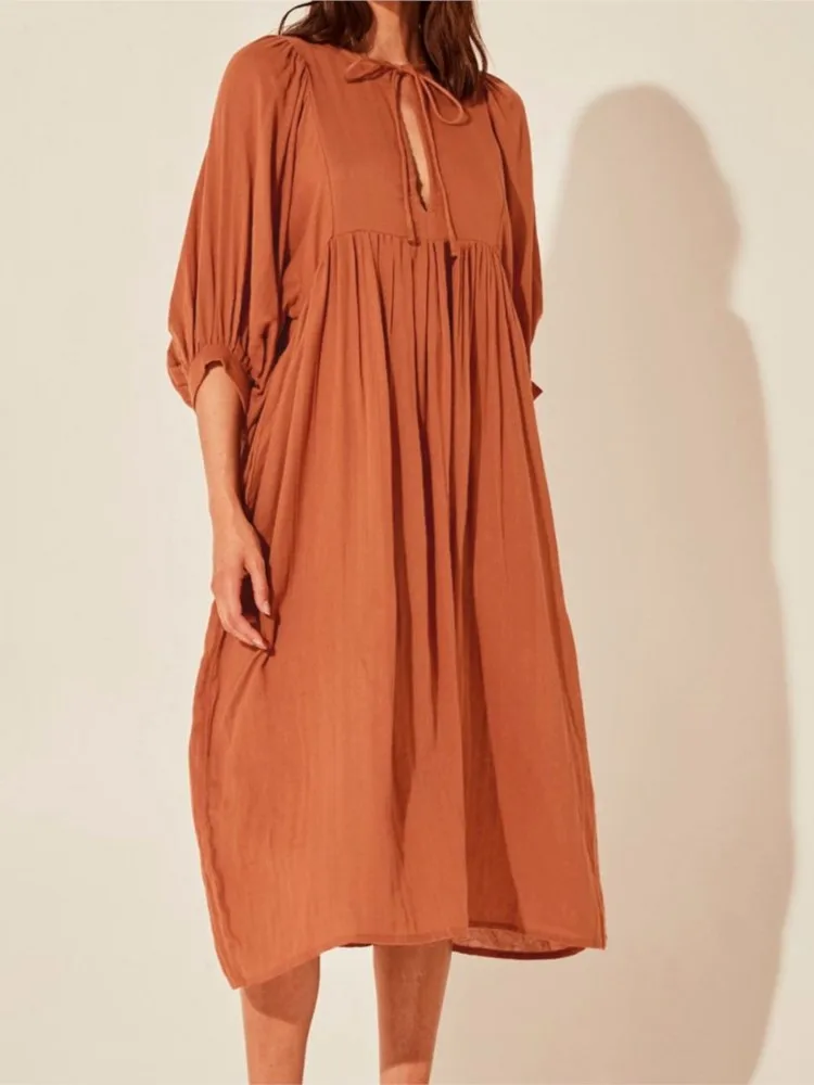 Boho Casual Shirt Dress Women Loose Solid Lantern Sleeve V-neck Lace-up Loose Beg Hem Long Dresses Vintage Sundress Robe Femme