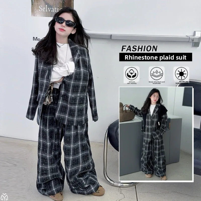 Girls 2026 New Spring and Autumn Korean Version Fashion High Sense Casual Daily Wear Hot Diamond Plaid Suit Suit