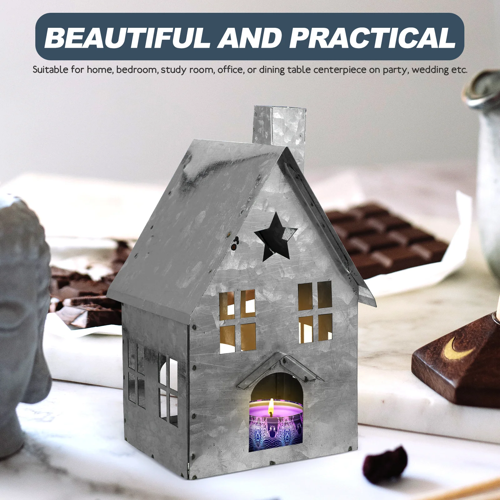 

House Shaped Iron Holder Heat Resistant Metal Desktop Candlestick Holder for Home Bedroom Office Party Decorative Use
