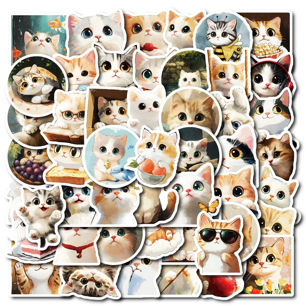 50Pcs Oil Painting Style Cat Doodle Stickers, Cute Round-Faced Kitten Waterproof Decals for DIY Decor RecordingYourLife Store