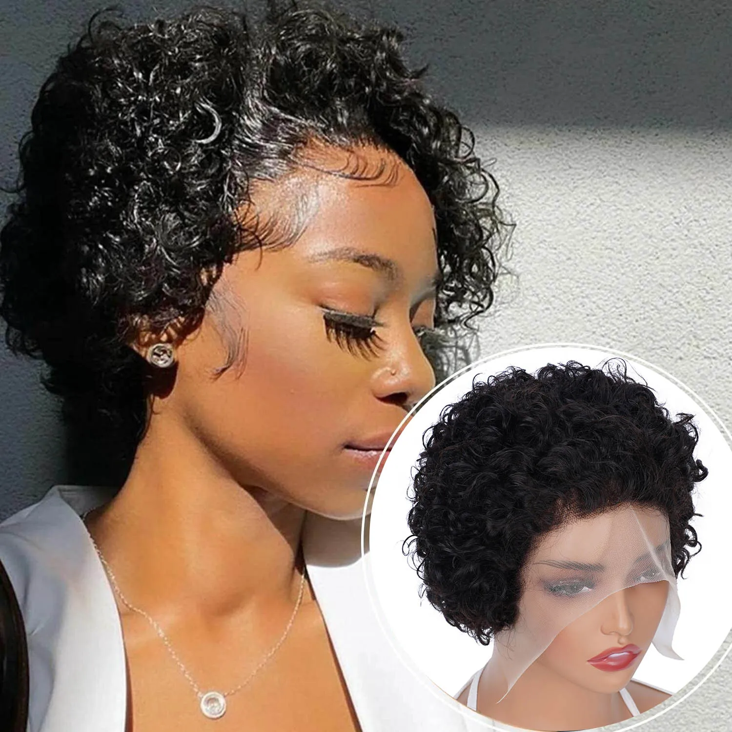 Pixie Cut Wigs Human Hair Short Curly Lace Front Human Hair Wigs For Women Water Wave Bob Wig 13x1 Transparent Lace Wig 1B Black