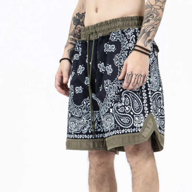 Summer Japanese Retro Full Print Cashew Flower Patchwork Sports Casual Shorts with Mesh Lining Beach Pants for Men