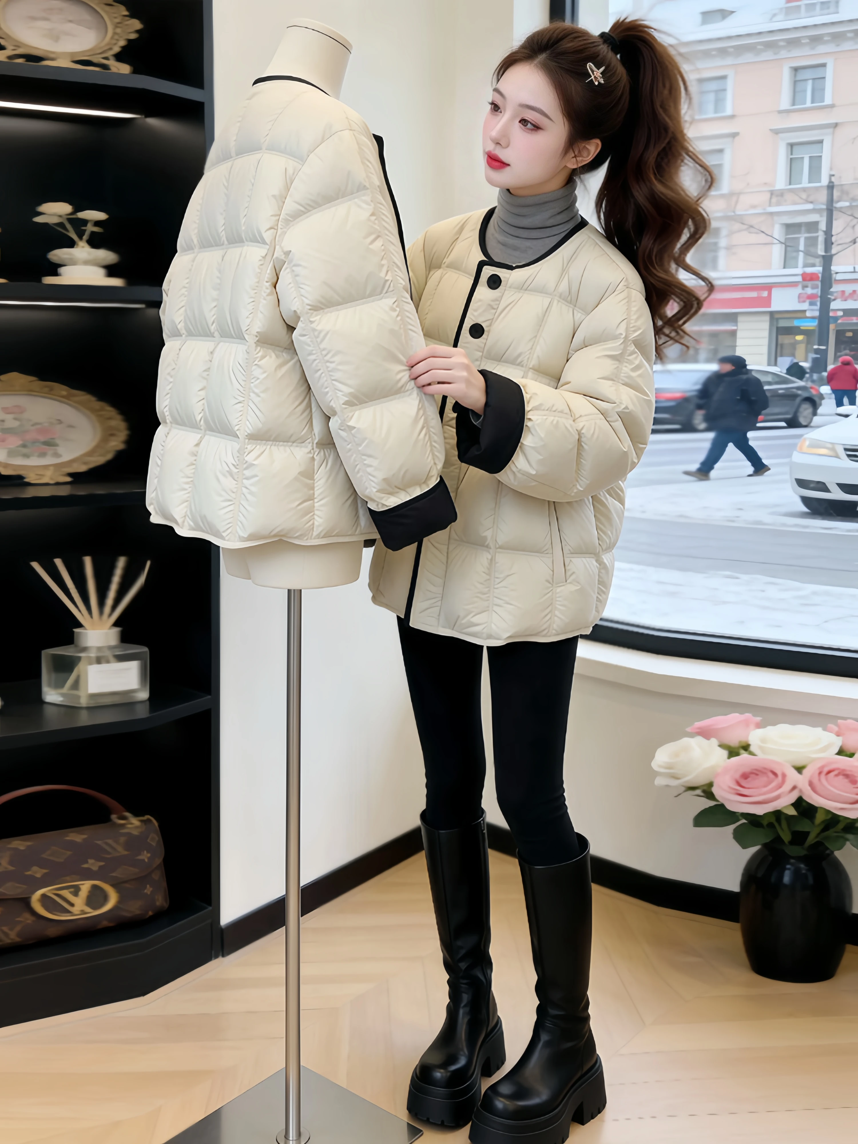 

Stylish Women's down Cotton Jacket Winter New Arrival Warm Bread Style Short Outerwear Korean Loose Fit round Neck Zipper