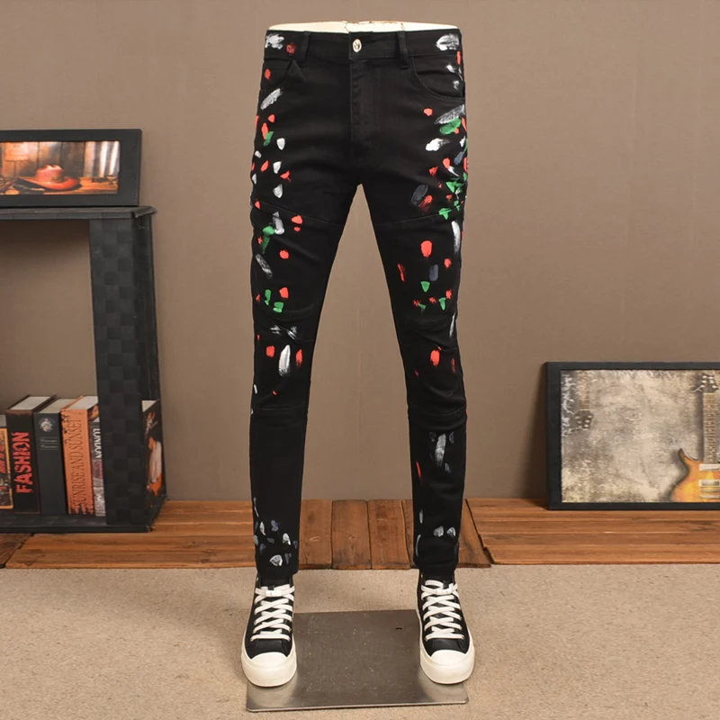 

High Street Designer Модные мужские джинсы Черные эластичные облегающие байкерские джинсы Мужские окрашенные джинсовые брюки в стиле хип-хоп Hombre
