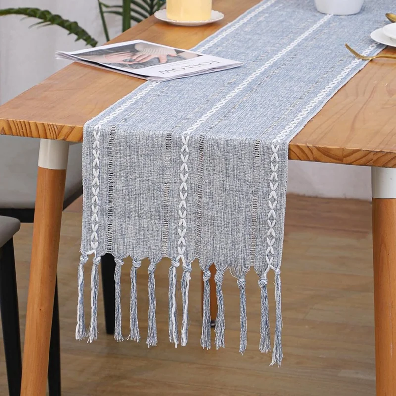 2 Pack 13 X 78 Inches Linen Boho Table Runner Braided Striped Coffee Table Runner For Dining Party Holiday