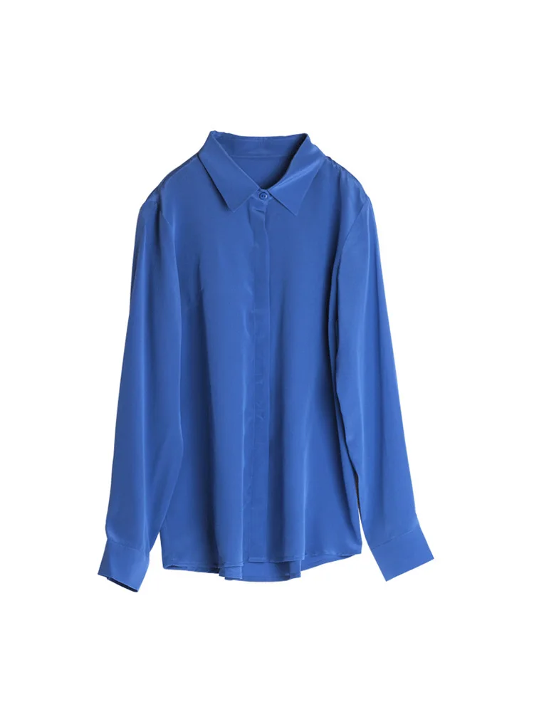 SuyaDream Women Silk Shirt 100%Silk Crepe Long Sleeved Solid Blouse Shirt 2021 Autumn Winter Office Chic Shirt Blue Black