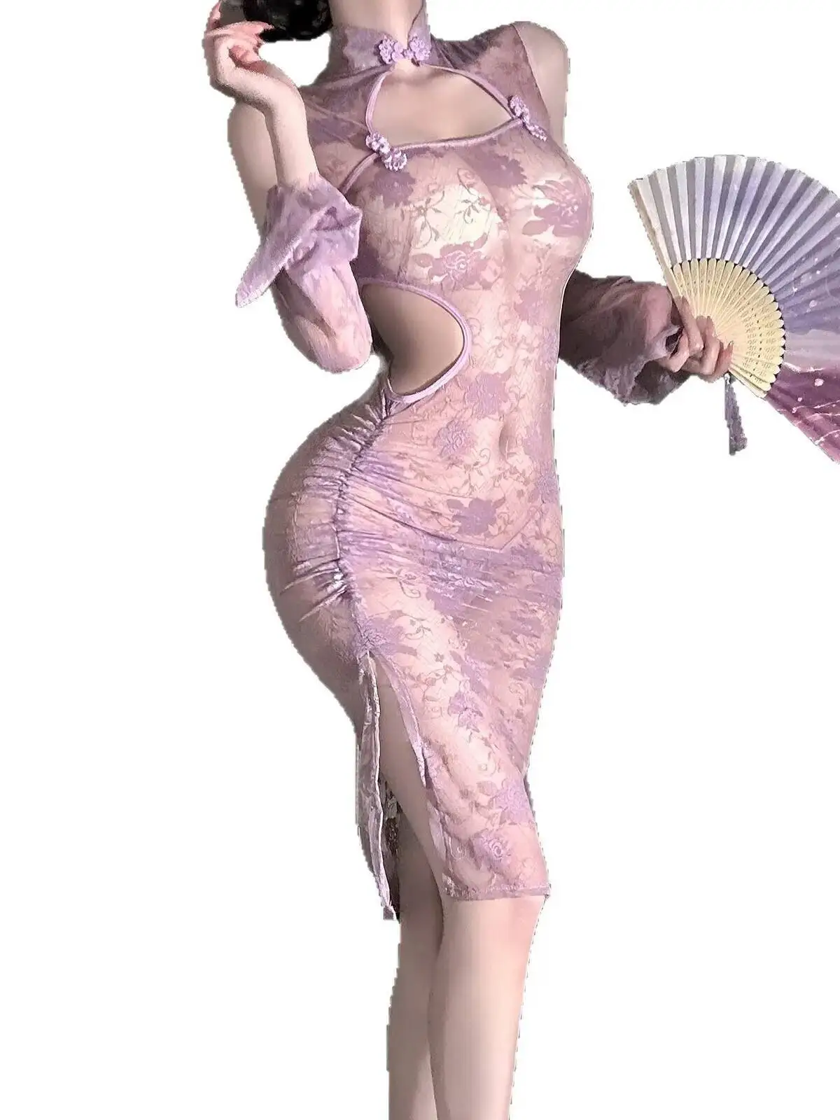 Sexy Lace Purple Dress Elegant Pure Desire Sleepwear Cheongsam Set Hot Girl Hollow Out See-through Women Mesh Lace Sheer 4G0R