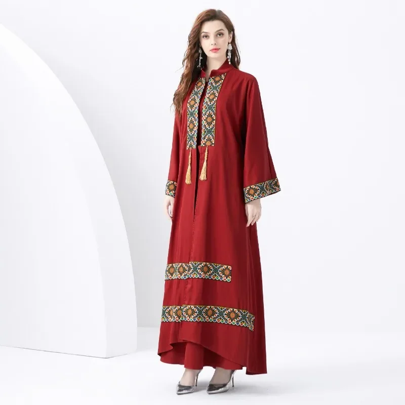 Red Skirt Resort Court Embroidery Fringe Trumpet Sleeve Vintage Long Gown Smock Dress Two-piece Set