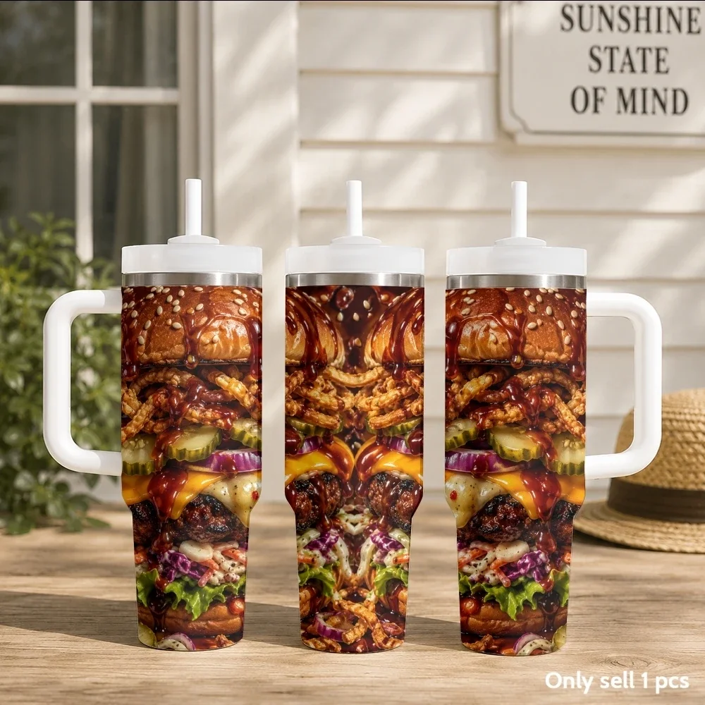 Ultimate Cheeseburger Stack Vacuum Flasks 40oz Portable Stainless Steel Tumbler with Handle Straw Double Wall Insulated Mug
