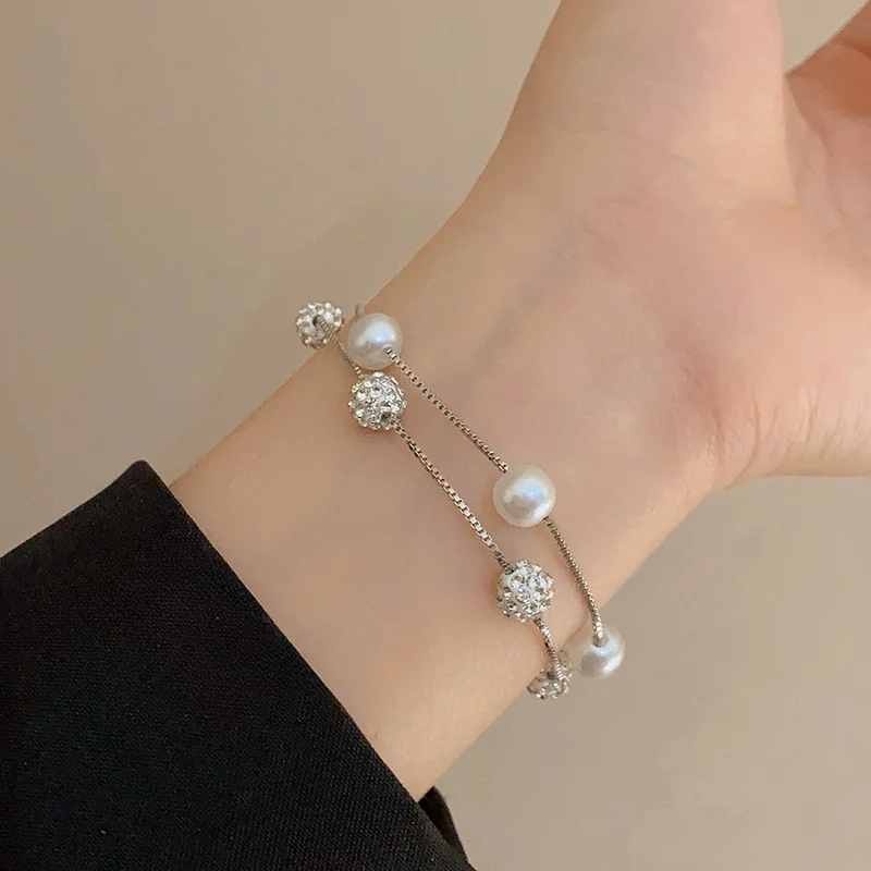 Vintage 925 Sterling Silver Double Layer Pearl Bracelets For Women Luxury Sparkling Zircon Ball Bead Bracelet Original Jewelry