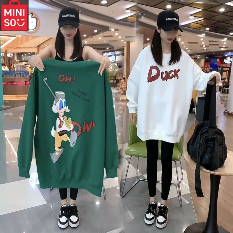 

MINISO round neck loose cartoon graffiti medium long hoodie for women, fashionable and versatile top for outdoor wear
