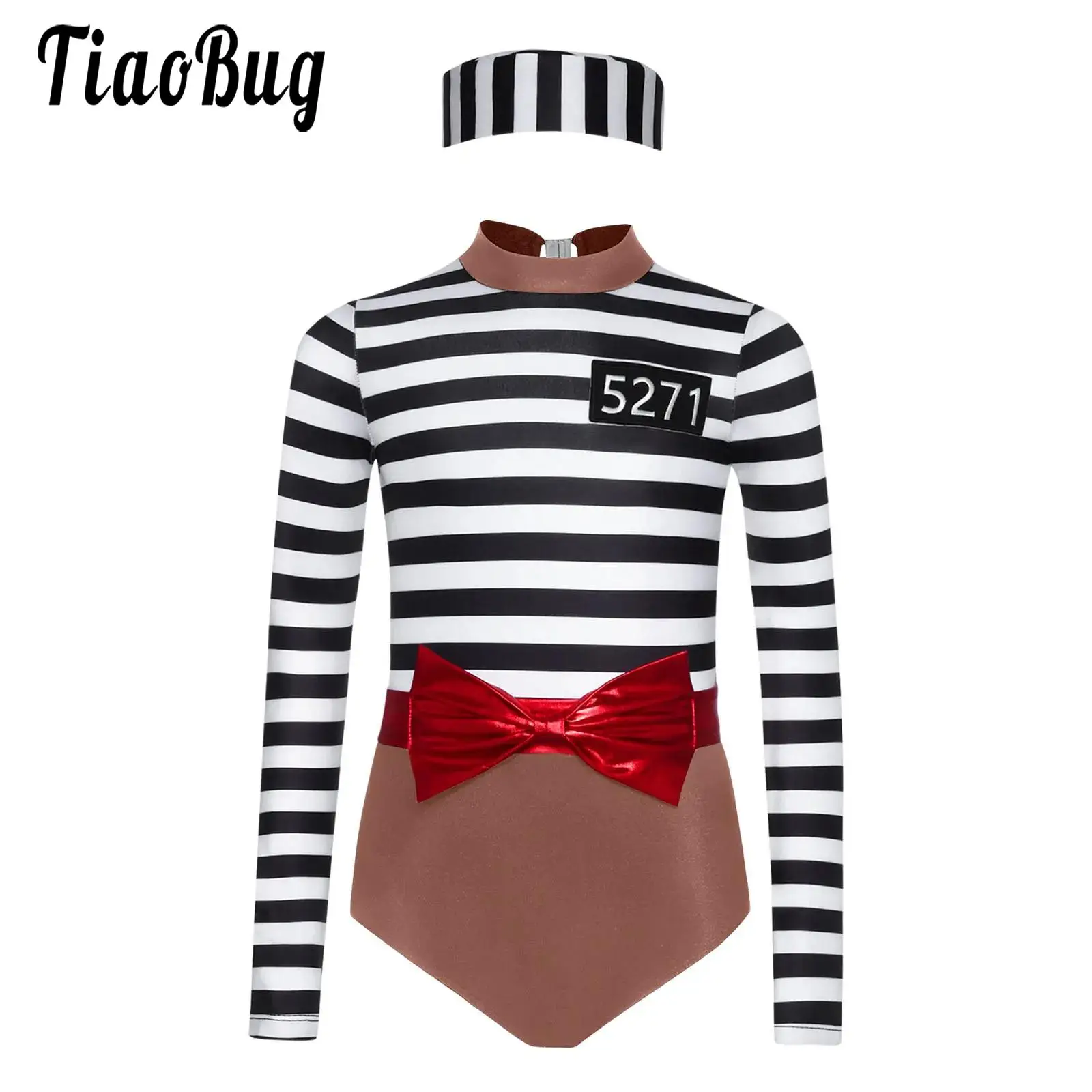 

Girls Long Sleeve Striped Prisoner Leotard Jumpsuit Halloween Dress Up Party Dancewear Jailbird Convict Criminal Cosplay Costume