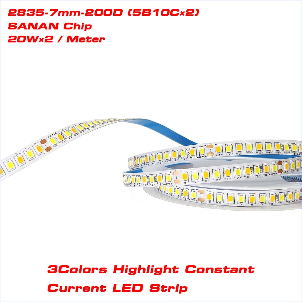 Cinto de luz LED Strip com 2 juntas de solda, 2835-7mm-5B10CX2 2835, fita LED de corrente constante, 20W, 3000K, 20W, 6500 KHz, 3 cores, 5 metros