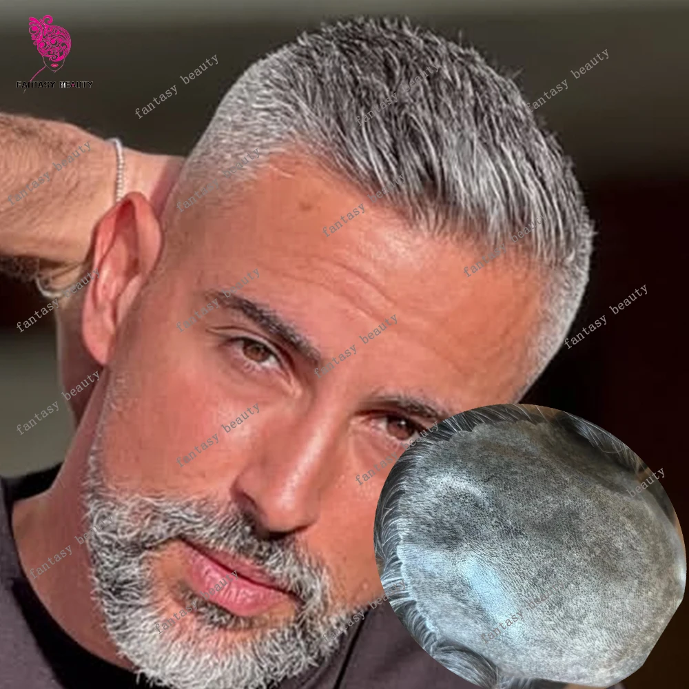 Men's Undetectable Microskin Skin PU Toupee Capillary Prosthesis Dark Brown Grey Black Human Hair Injected Hair System for Men
