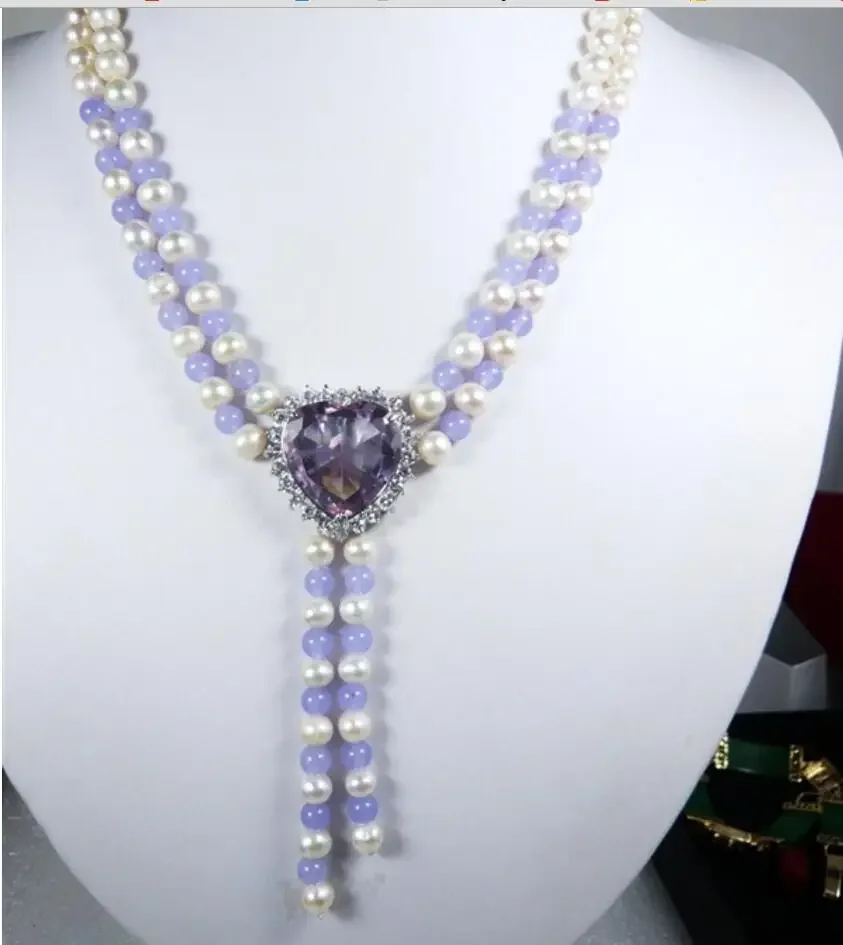 FINE jewelry   2 rows 7-8MM White Genuine Freshwater Pearl purple jade bead+ heart -shaped purple amethyst penda