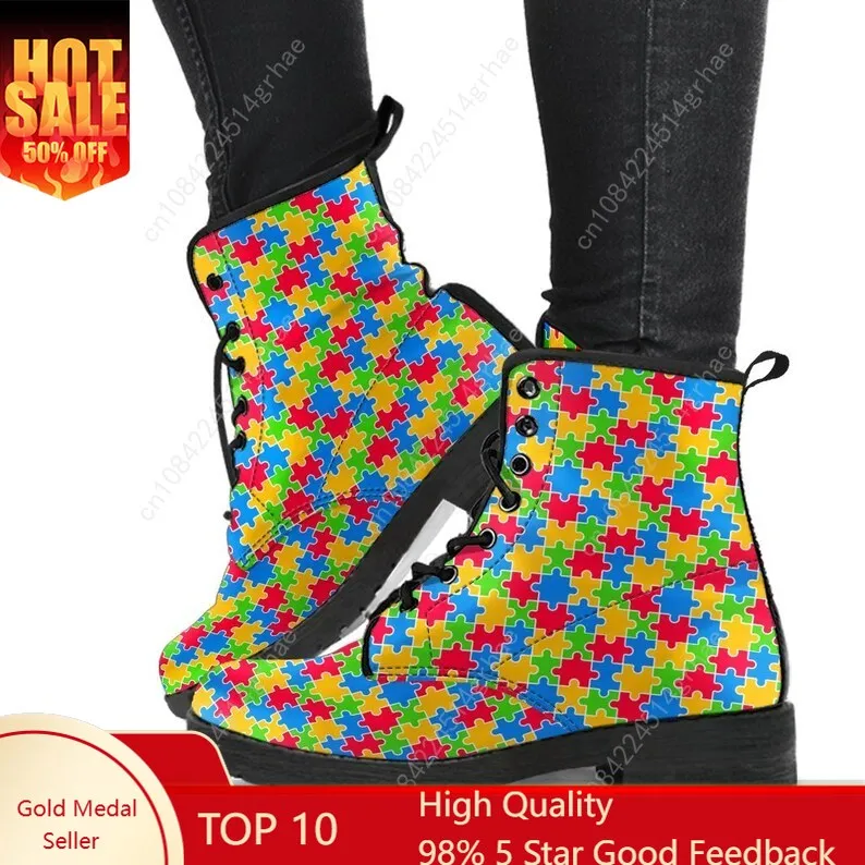 Autism Leather Boots / Autism Handcrafted Custom Print Boots / Autism Men's Women's Winter Boots