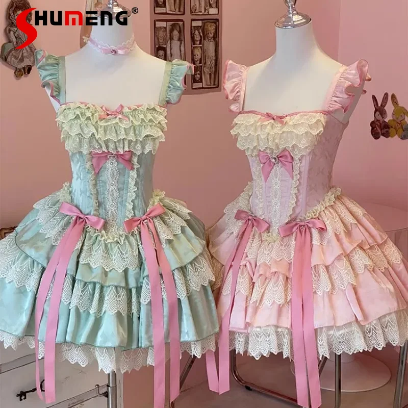 

Women's Clothing Sleeveless Vestidos Mujer Lolita Style Short Sleeves Slimming Cute Sweet Girl Pink Bowknot Print Strap Dresses