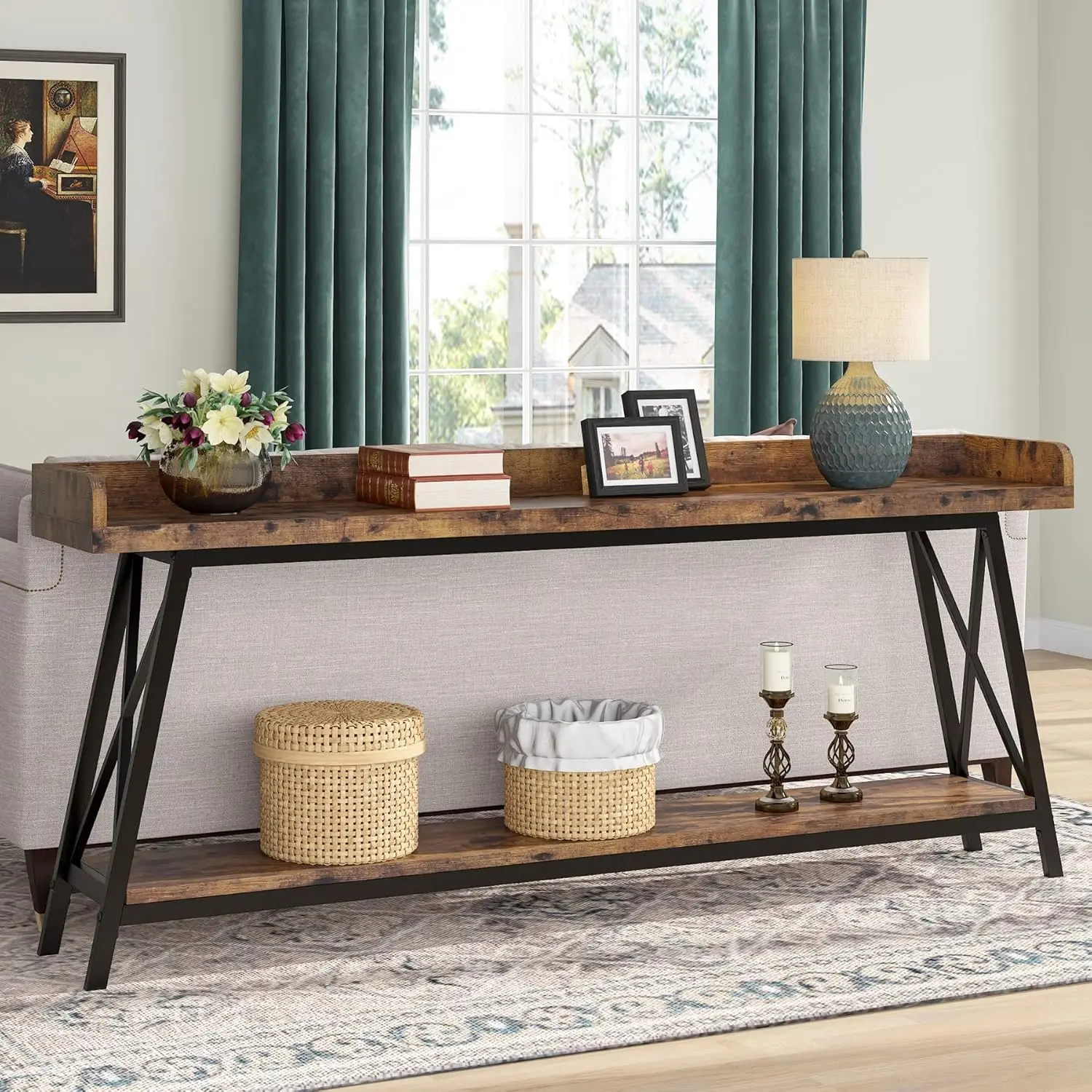 70.9 inch Long Console Table Behind Couch, Rustic Industrial Sofa Table for Living Room, Narrow Entryway Hallway Long Bar Table