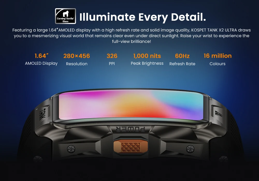 2025 KOSPET TANK X2 Ultra Smart Uhr für Männer 3D gebogener Bildschirm Kompass Höhenmesser barometrisch IP69K 5ATM wasserdicht 1,64'' AMOLED – Detail 7