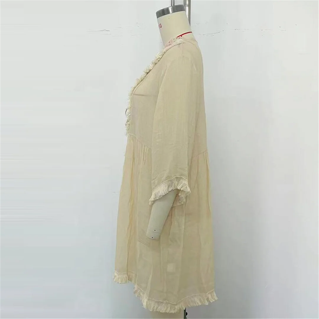 Splicing Halbarm-Quasten-Häkel-Strick-Tunika, Strand-Überwurf, Strandkleid, Strandmode, Damen V8545 – Detail 13