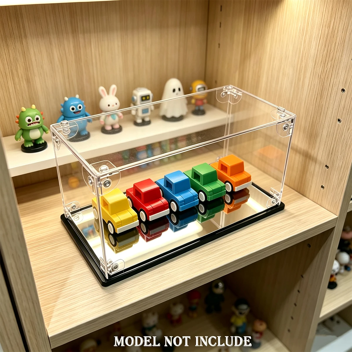 Acrylic Display Case with Mirror Effect Base, Interlocking Snap Buckle Clear Box for 1:24 1:32 Model Car Figurine Collection