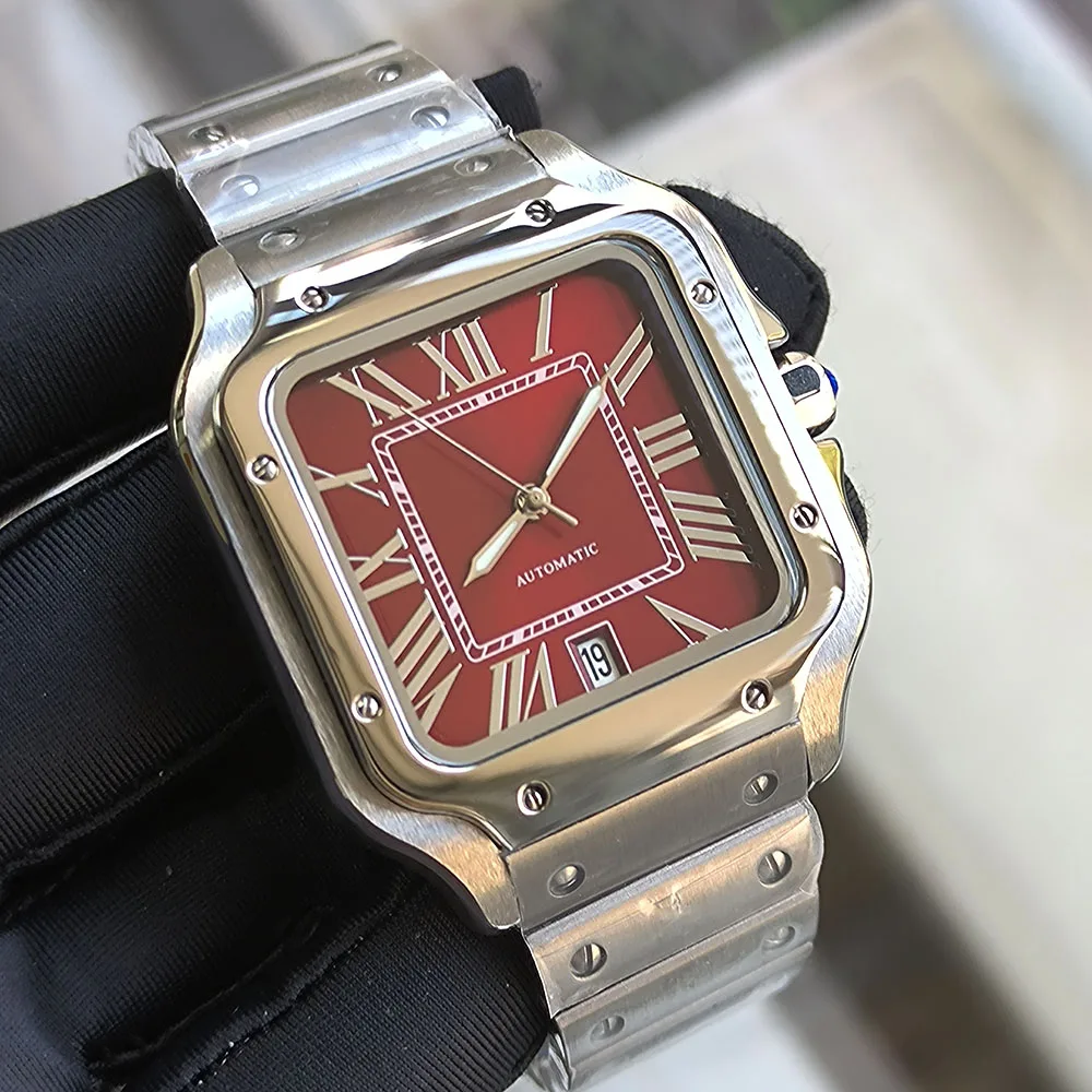 Nuovo orologio da uomo NH35 quadrante rosso vino quadrante quadrato romano orologio da uomo in acciaio inossidabile 38MM orologio Santos movimento NH35