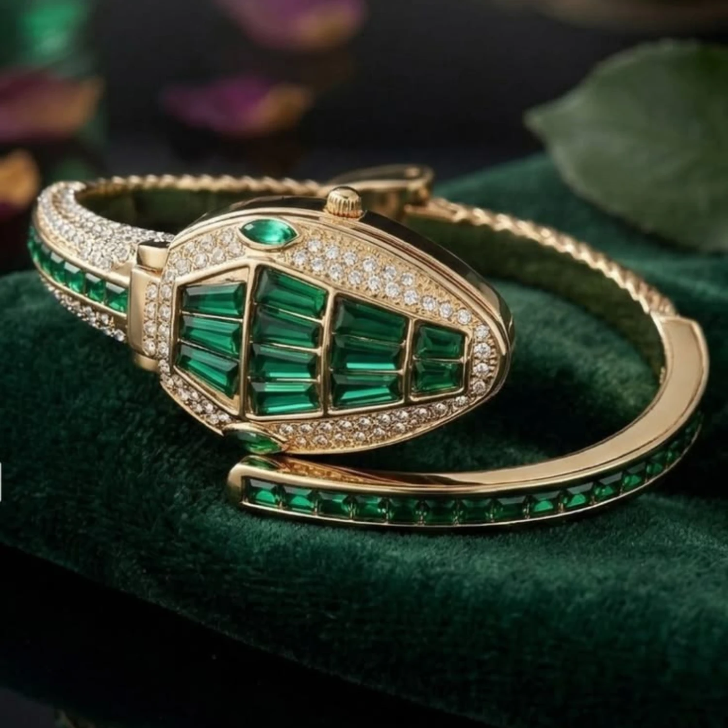 Luxury Snake Shape Open Bangle Watch for Women, Emerald Rhinestone Vintage Premium Quartz Wristwatch for Banquet & Gift
