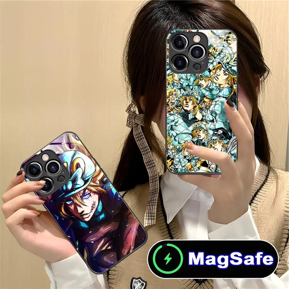 

Чехол для телефона с аниме-персонажем Диджейо Брандо (JOJO) для iPhone 17 16 15 14 13 12 11 Air Pro Max Plus Mini, стеклянный, цветной, с поддержкой MagSafe, класса люкс
