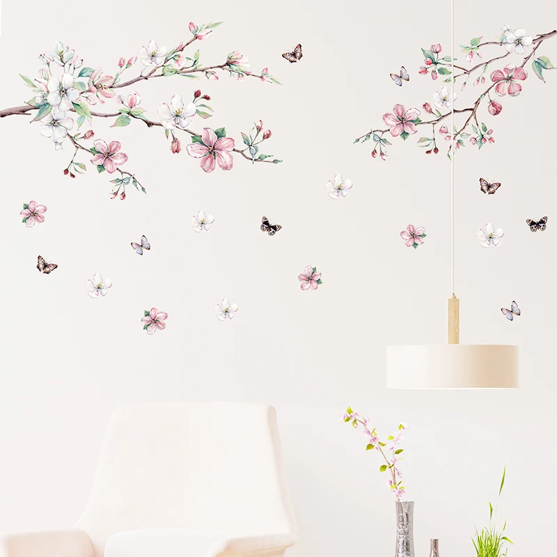 Pokój dziewczyn naklejki ścienne akwarela różowa brzoskwinia Blossom naklejki ścienne z motylem do salonu sypialnia kobiety prezenty Home Decoration