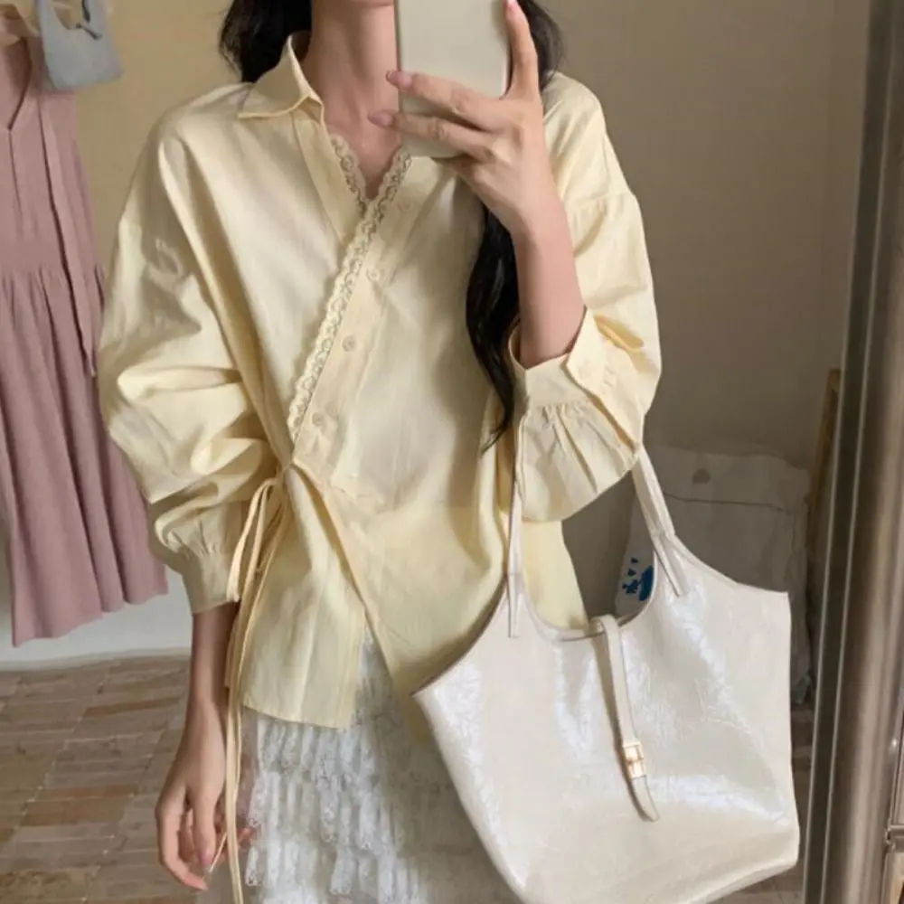 

Retro V-neck Irregular Diagonal Tie T-shirt Retro Lace Patchwork Long Sleeve Blouse Crop Top Chic Basic Tees Shirts Women Female