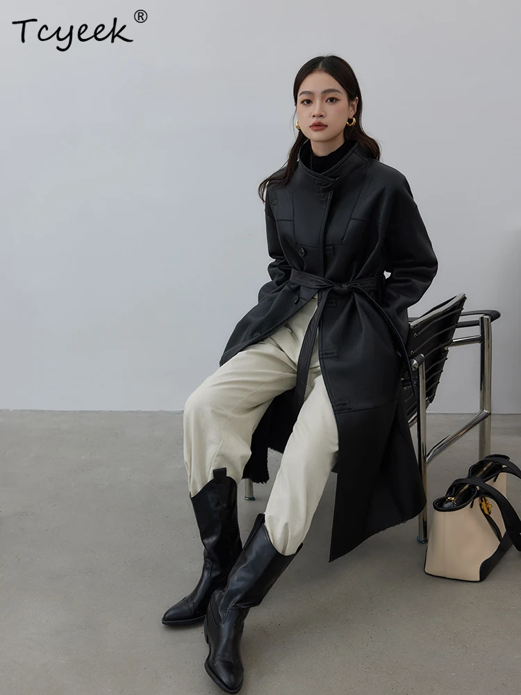 Tcyeek Prawdziwa Wełna Jesień Zima Elegancki Modny Dwustronny Jednolity Kolor Długi Damski Wełniany Płaszcz z Kożucha Futro Fourrures Femme