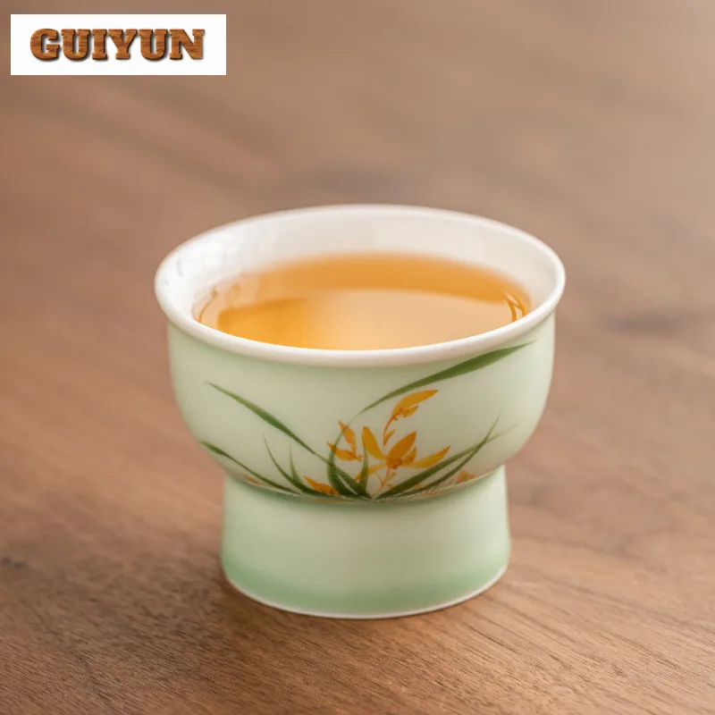 60ml Hand-painted Orchid High Footed Cup Women's Personal Master Cup Bluish Green Tea Bowl Personal Meditation Cup Mug Drinkware